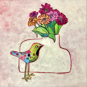 Snazzy Bird Meets Zinnias