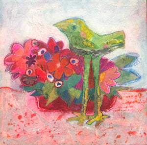 Tall Green Bird Admires Red Bouquet