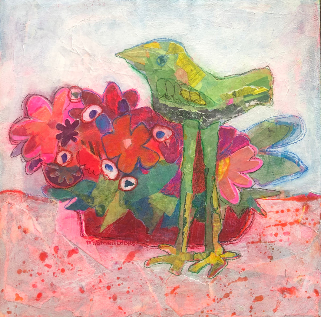 Tall Green Bird Admires Red Bouquet